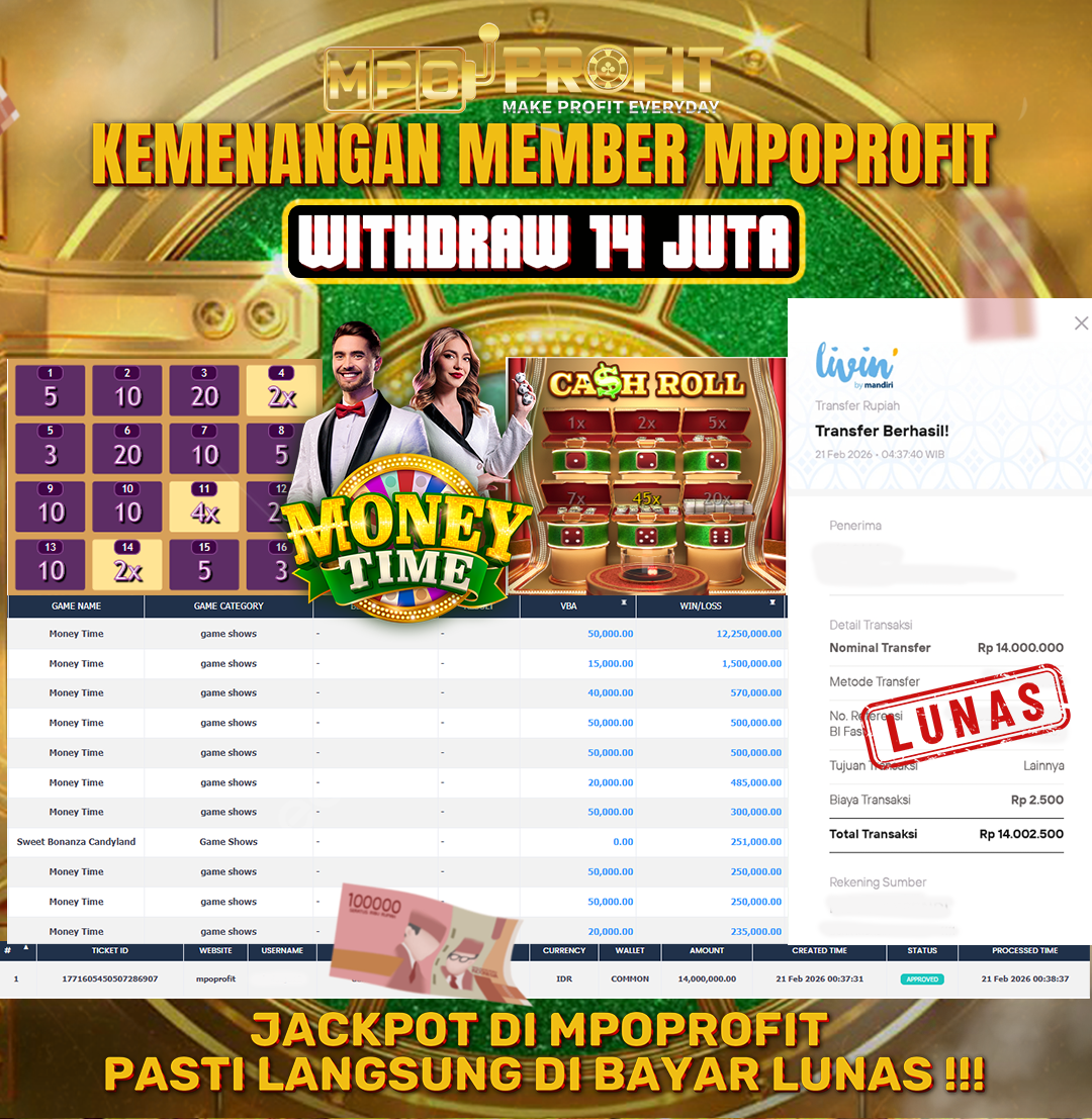 MPOPROFIT JACKPOT PRAGMATIC LC GAME SHOW! KEMENANGAN MURNI DI (MONEY TIME TOTAL RP. 14.000.000,- LUNAS)